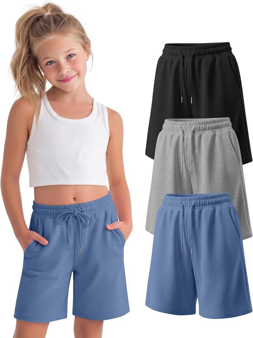 3 Pack Girls' Shorts Bermuda Summer Knee Length Casual Drawstring Athletic SweatShorts with Pockets for Ages 5-16