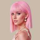 Pink Bob Wig With Bangs - Short Straight Bob Bangs Wig, 12Inch Heat Resistant Synthetic Hair, Natural Looking For Daily Party Use (12 Inch, Pink)
