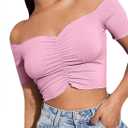 LYANER Women's Off Shoulder Ruched Short Sleeve Rib Knit Sexy Crop Top Blouse (Pink, XS)