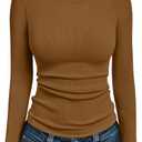 AUTOMET Women's Long Sleeve Shirts Ribbed Slim Fit Crewneck Tops Basic Layering Tees Undershirts Fall Winter Clothes Light Brown L