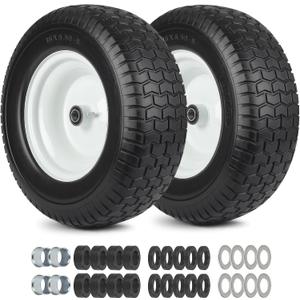 16x6.50-8 Flat Free Riding Lawn Mower Tire and Wheel, 2 Pcs 16x6.5-8nhs Garden Tractor Lawnmower Tyre, with 3/4" & 5/8" Bearing, 3" -4.5" -6" Centered Hub