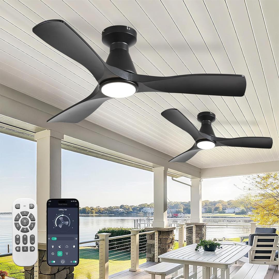 Depuley 2 Pack Ceiling Fans with Lights: 42-Inch Black Flush Mount Low Profile Ceiling Fan for Bedroom Living Room - 3 Blades Dimmable Indoor Outdoor Fans with Remote APP Control Ultra Quiet DC Motor