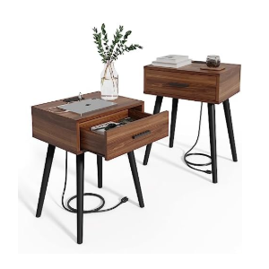 HAIOOU Nightstand with Charging Station Rattan Drawer, Mid Century Modern Side Table, End Beside Table with Pine Wood Legs Storage for Bedroom Living Room