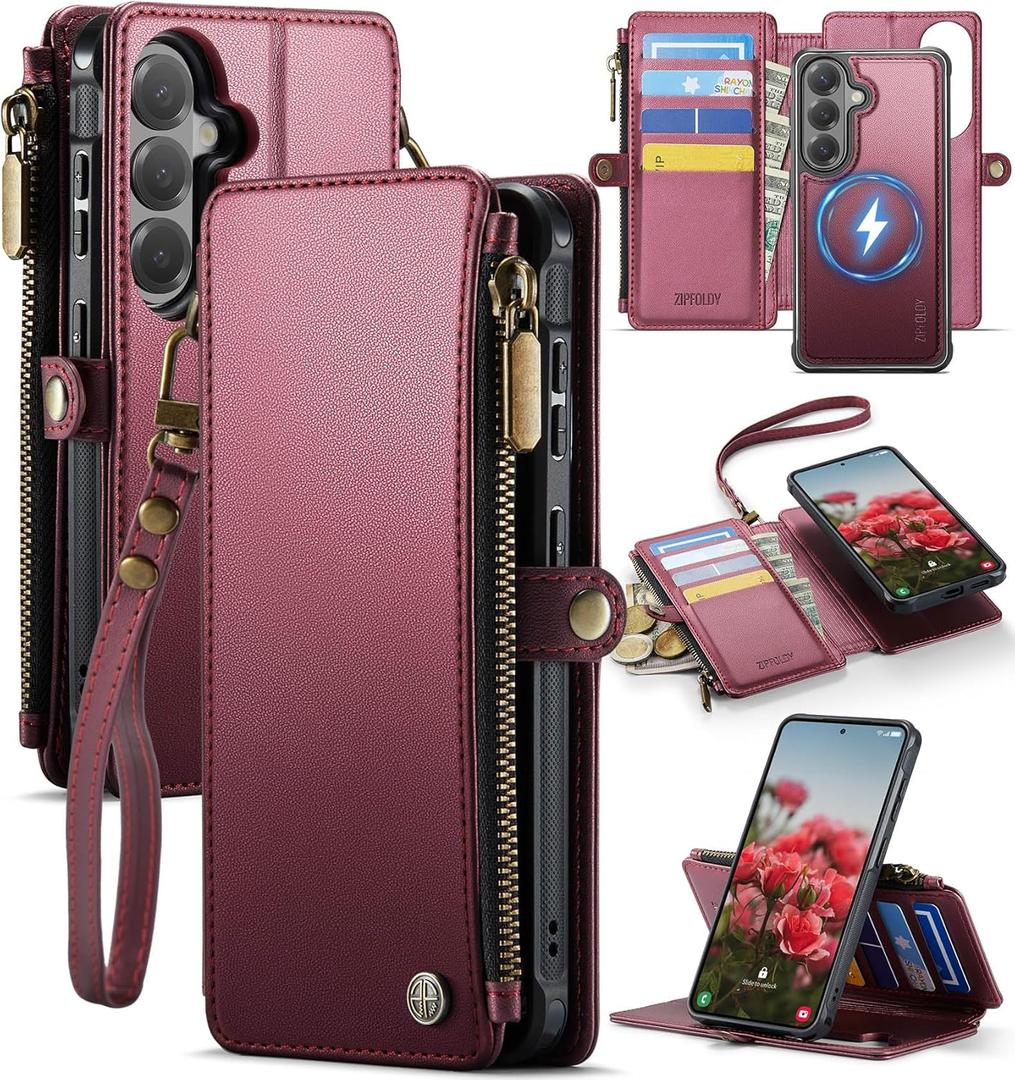 for Samsung Galaxy S26 Wallet Case Magnetic [Compatible with Magsafe] [RFID Blocking Card Holder] [Zipper] [Strap] Detachable Drop-Proof Protective Phone Cases for Galaxy S26-6.3", Burgundy