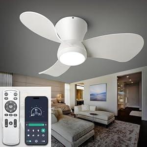 ducrew 24 Inch Flush Mount Ceiling Fans with Lights, High Airflow Remote/ APP Control, 3CCT Dimmable LED Light, Recessed Ceiling Fan for Kitchen, Bedroom, Patio