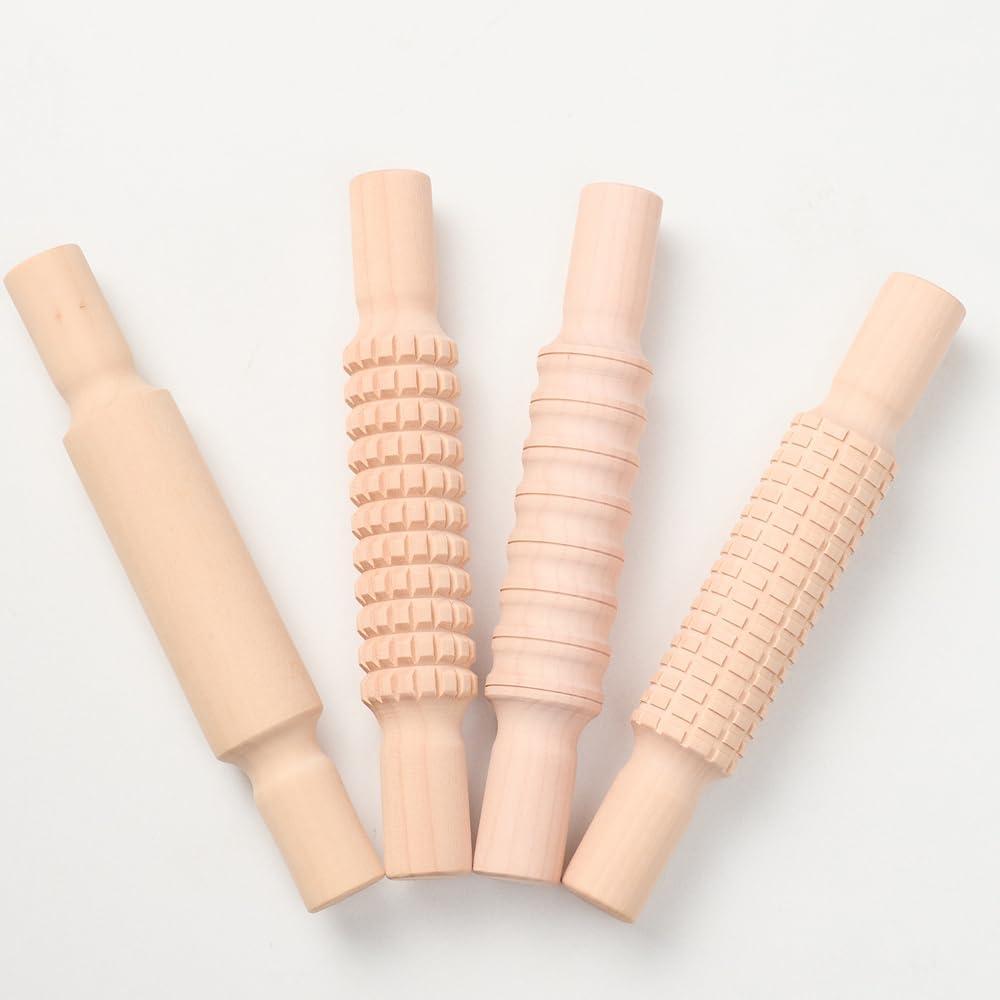 Small Rolling Pins For Baking 4Pcs Wooden Embossed Rolling Pin Set with Print Kitchen Handmade DIY Mini Dough Roller Supplies for Pottery Classroom Play Art Crafting SEAYOXIN