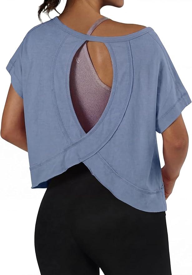 GRECERELLE Women's Open Back Workout Tops Backless Athletic Shirts Casual Crop Running Tee Y2k Yoga (Blue, XL)