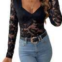 SweatyRocks Women's Sheer Floral Lace V Neck Bodysuit Long Sleeve Slim Fit Jumpsuits (X-Large, Black)