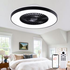 24" Low Profile Ceiling Fan with Light 3-Dimmable Lights and 6 Speeds Wind, Enclosed Bladeless Ceiling Fan for Bedroom, Living Room,Study Room(Black)