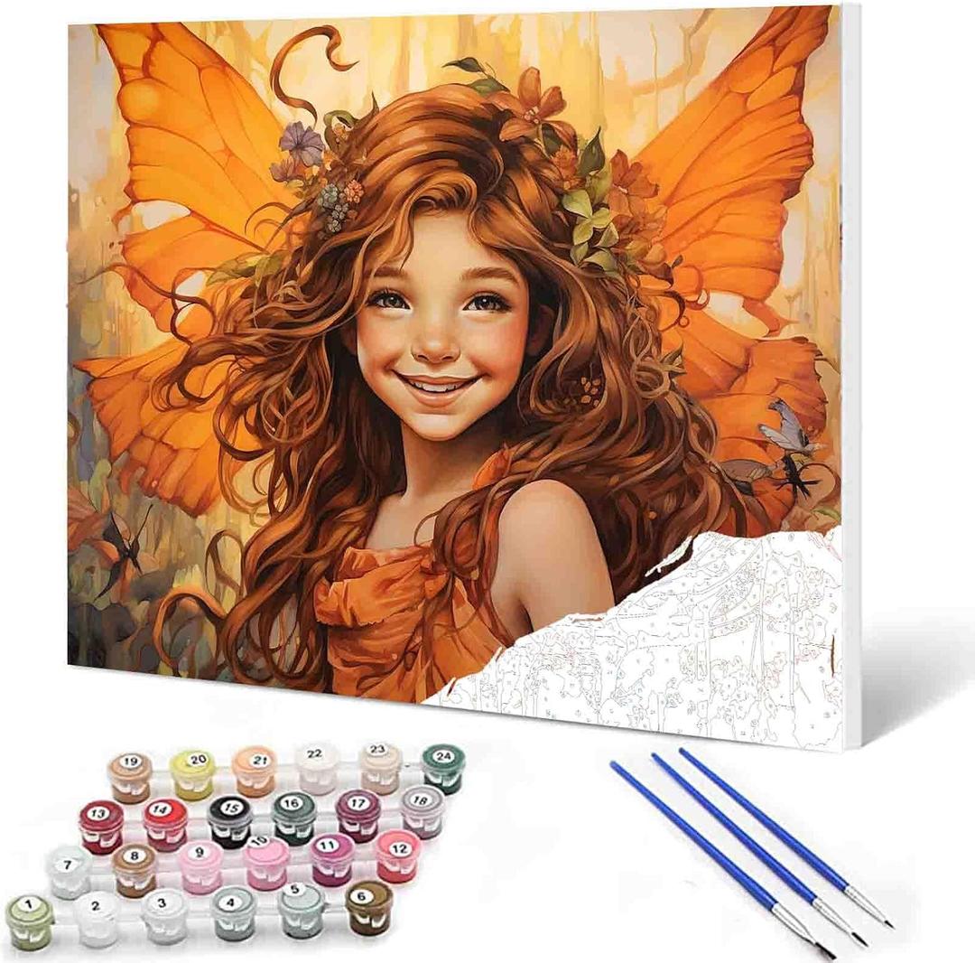 Angel Girl Butterfly Paint By Bumbers for Adults Beginner Cute Girl with Wreath DIY Paint by Numbers Acrylic Paint Canvas Orange Flower Bedroom Painting Kits Art 16x20 Inch Without Frame