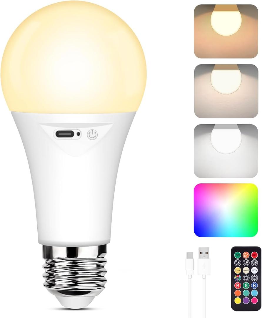 Yochoice Rechargeable A19 Light Bulb, Battery Operated LED Bulb with 9 Colors Selectable & 3 Timer, Dimmable Light Bulb for Non-Hardwired Lamps with Remote Control