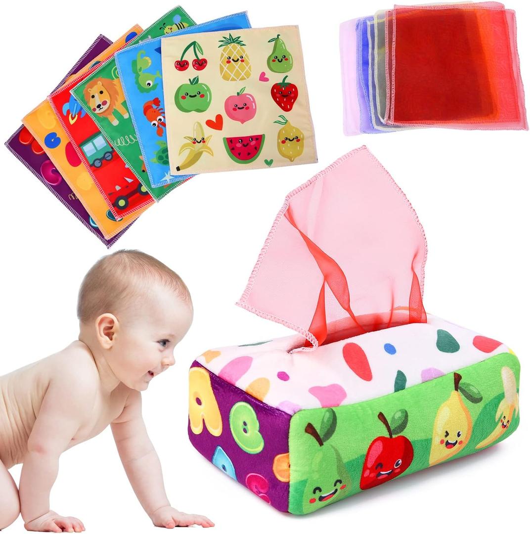 Baby Toys 6 to 12 Months - Tissue Box Toy Montessori for Babies 6-12 Months, Soft Stuffed High Contrast Crinkle Infant Sensory Toys, Boys&Girls Kids Early Learning Gifts (Colorful)