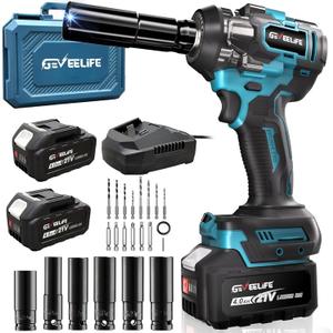 650N.m/480Ft-lbs Brushless Impact Wrench, 1/2" Cordless Impact Gun w/ 2x4. 0Ah Battery & 6 Sockets, 3300RPM Power Electric Impact Driver for Car/DIY Furniture/Lawn Mower, Blue Toolbox