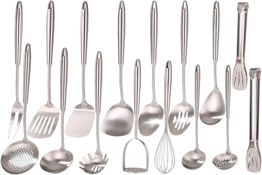 18/10 Stainless Steel Cooking Utensils Set - 16 PCS All Metal Serving Utensils, Kitchen Tools - Whisk, Masher, Fork, Tongs, Solid/Slotted Spoon, Spatula, Turner, Ladle, Skimmer, Pasta, Large Spoon Set