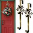 2Pcs Christmas Wreath Hangers Over The Door Metal Wreath Hooks Snowflake Decorative Hooks for Xmas Party Decor Home Office Wall Door, Gold, 14.6 Inch