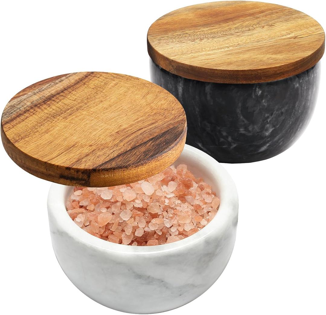 Marble Salt and Pepper Bowls – Salt Box/Cellar Set with Solid Natural Wood Lids, Large Capacity, Includes Spoon – Gift Packed Salt Holder and Bowl with Lid