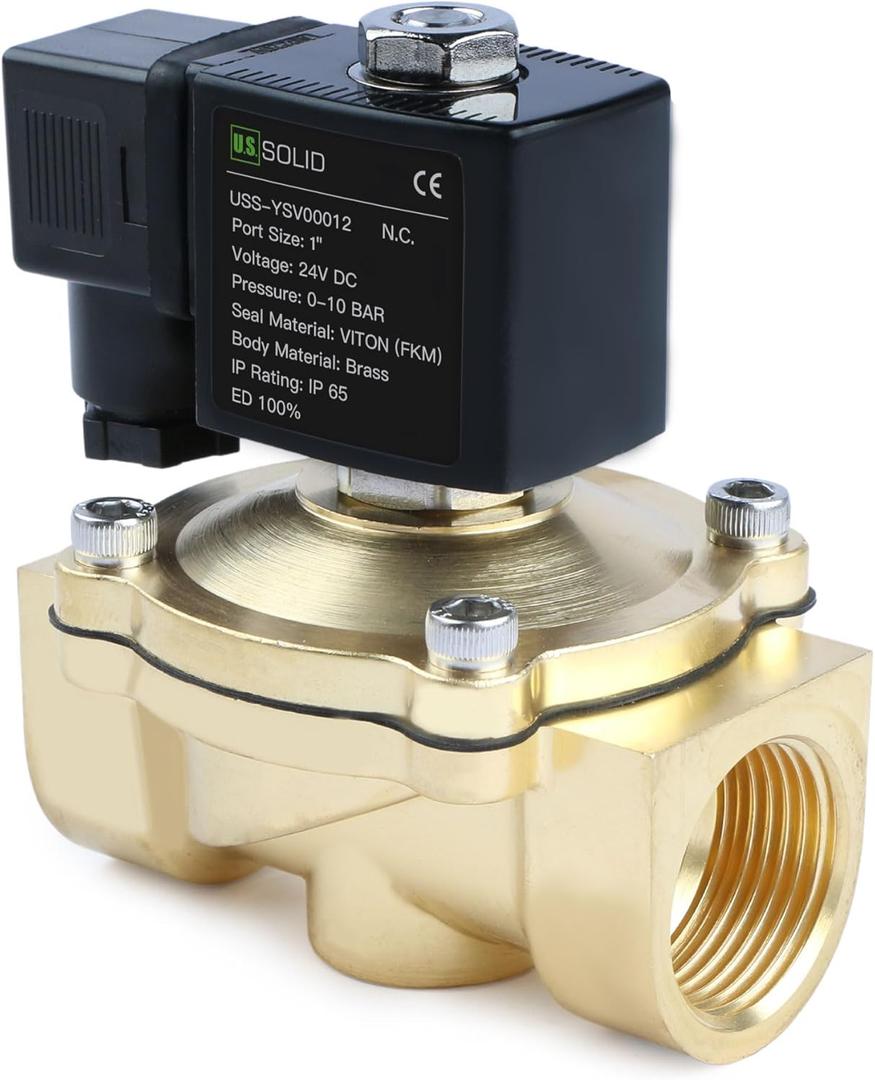 U.S. Solid 1" Brass Solenoid Valve - 24V DC, Normally Closed, 145 PSI Electric Valve for Water, Air, Diesel