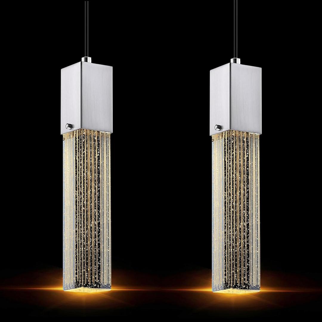 Seeded Crystal Shiny Hanging Kitchen Island Pendant Ceiling Light Modern Concise Fixture,2 Pack Brushed Nickel Finish for Kitchen Island Dining Room Bedroom Hallway