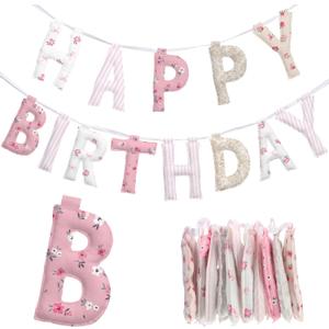 Pre-strung Happy Birthday Banner Sign Reusable Felt Happy Birthday Garland Hanging Decorations Party Bunting Garland for Party Decor Photo Prop Home Backdrop(Floral)