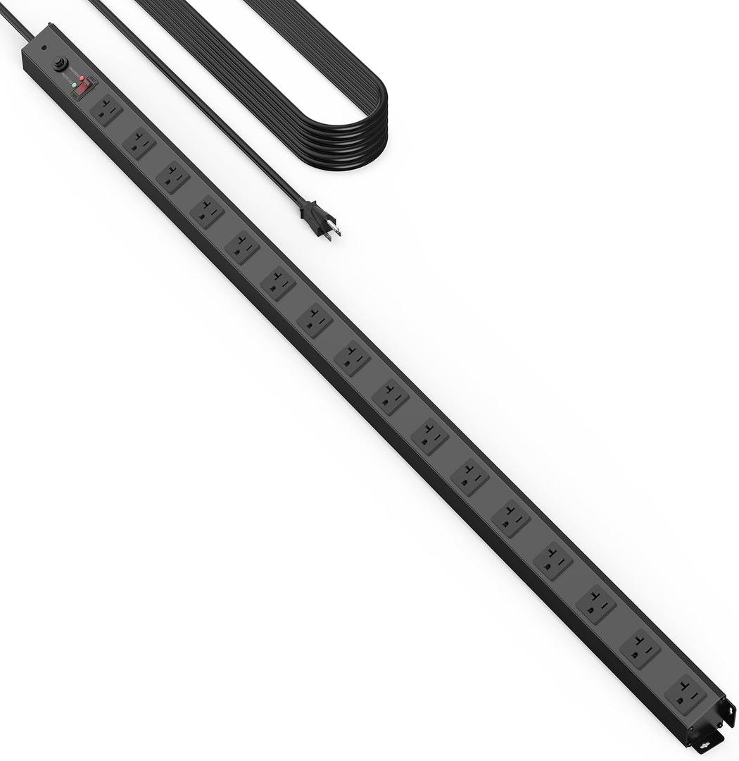HHSOET 16 Outlet Long Power Strip, 15FT Heavy Duty Power Strip with 4800J Surge Protection, 20a Mountable Wide-Spaced Outlets for Home, Office, Garage & Workshop - ETL Certified (Black)