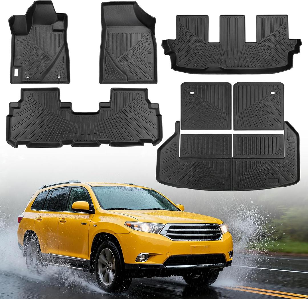 Car Floor Mats for Toyota Highlander: 2008-2013 Accessories (Non Hybrid), Backrest Mats, Cargo Liner, Front 2nd 3rd Row Floor Mats All Weather TPE for Highlander 2013 2012 2011 2010 2009 2008 Full Set