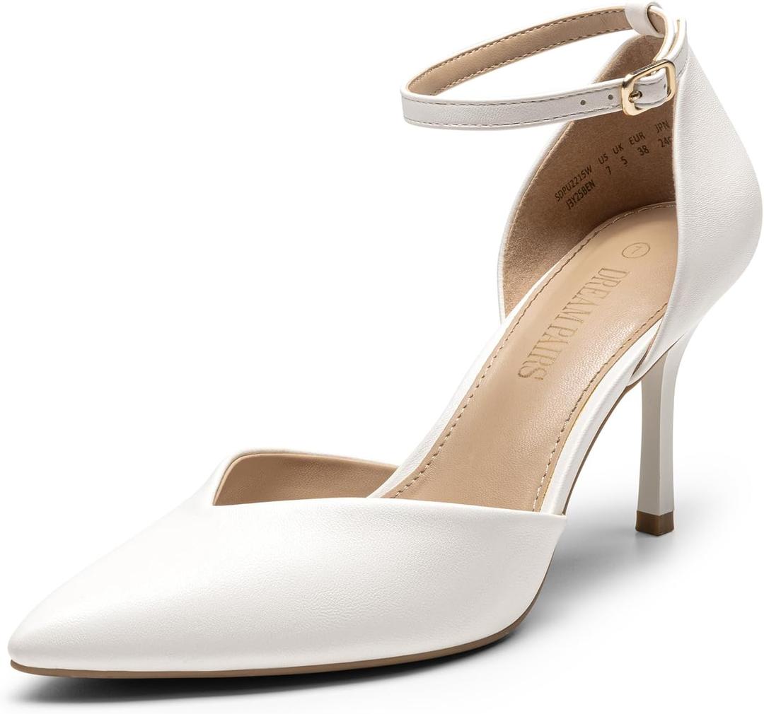 DREAM PAIRS Womens High Heels Strappy Closed Toe Stiletto Ankle Strap Pointed Toe D'Orsay Heel Dress Wedding Party Pumps Shoes (White/Pu, 6)