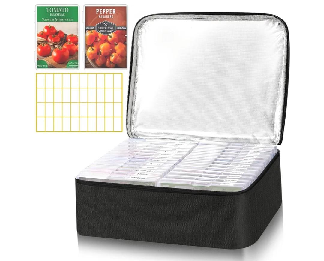 26 Slots Seed Storage Organizer Box with Insulated Bag That Holds 80-200 Seed Envelopes, Oxford Cloth Garden Seed Containers with Labels, Seed Packet Organizer for Plant, Flower ,Vegetable Seeds