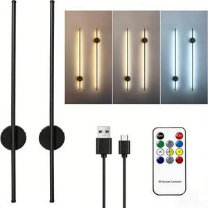 Battery Operated Wall Sconces Set of Two, Wireless Rechargeable Wall Lights with Remote Control, Dimmable LED Wall Lamp Indoor, Wireless Lights for Living Room Bedroom Hallway, Black, Extra Large