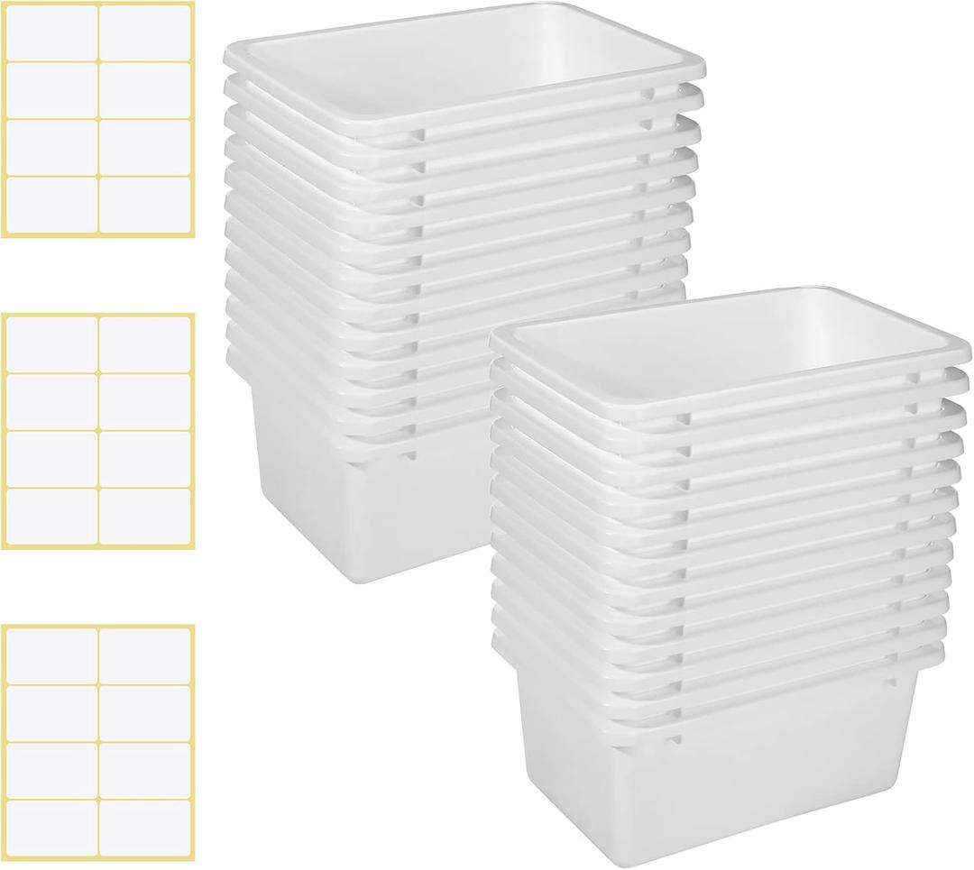 Outus 24 Pack White Plastic Storage Bins Bulk Cubby Storage Bins Classroom Book Bins Storage Organizer Containers for Classroom Library Preschool Office Home Toys Books Organizing