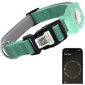 WhoseID Reflective Dog Collar with AirTag Holder,Adjustable Dog Collar with Neoprene Padded & Anti-Lost QR Code Buckle (Green, Small)