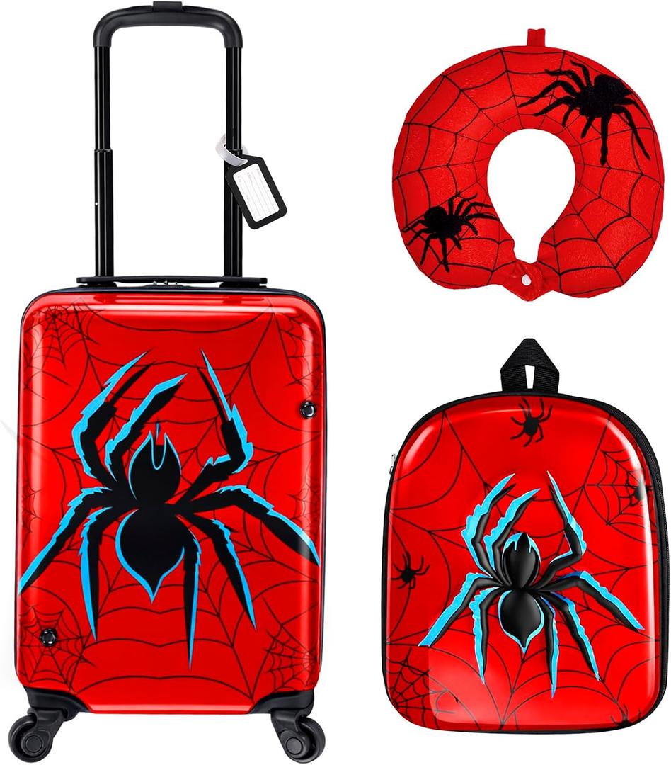 Sanwuta Luggage Sets, 4 Pack, 16 Inch Carry on Rolling Suitcase Backpack Neck Pillow Travel Set Gift for Kids Boys Girls(Spider)