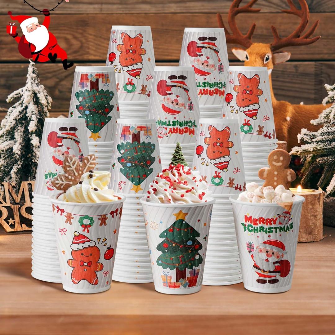 90 Pack Christmas Coffee Cups 12 oz No Lids, Disposable Insulated Paper Coffee Cups, Corrugated Ripple Wall Design Paper Cup, Hot Cold Drinking Cup for Party, Home, Events