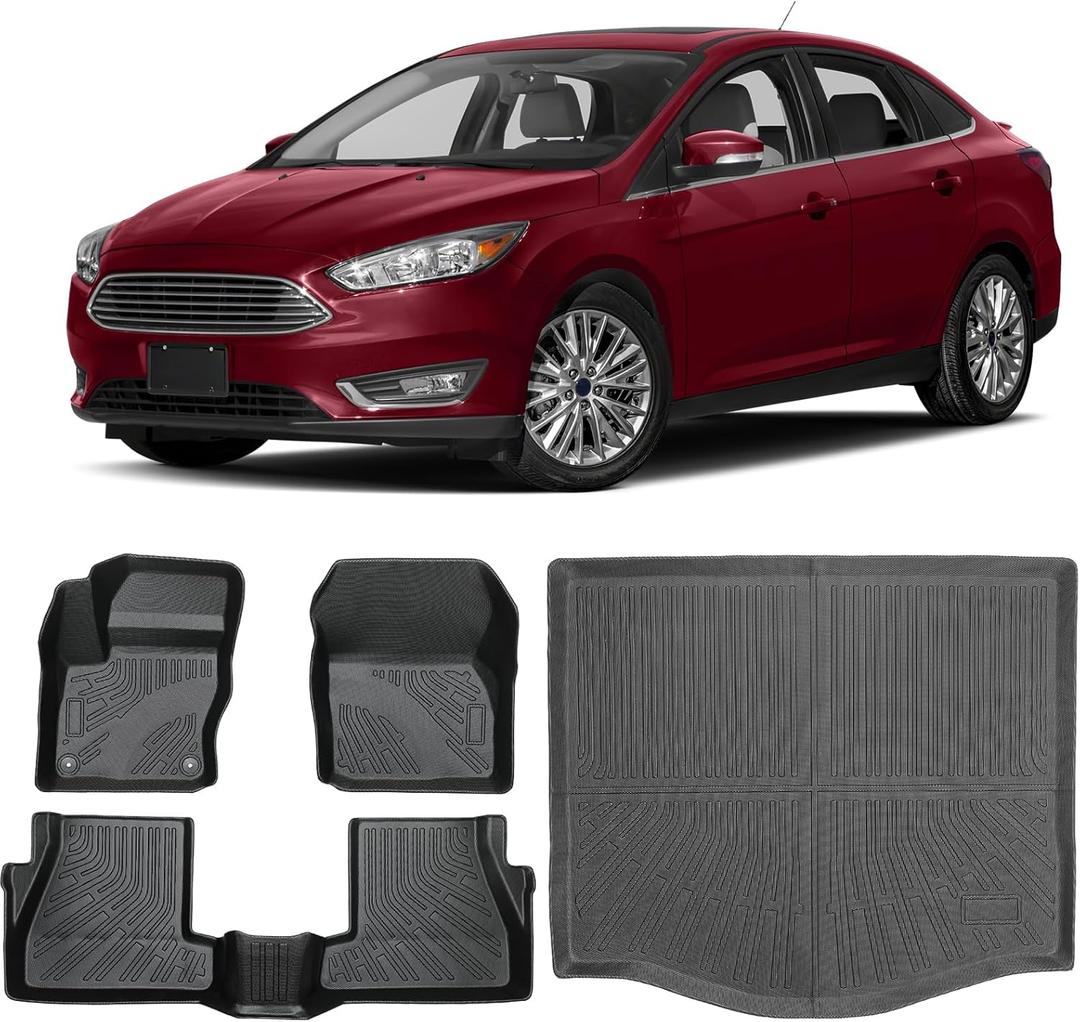 Floor Mats for Ford Focus Hatchback 2012-2018, Custom Fit Floor Liner for Focus SE/S/SEL/Titanium, TPE Waterproof Anti-Slip Full Set Mats, Front 2nd Row & Trunk Mats
