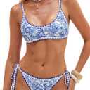 ZAFUL Women 2 Piece Bikini Set Criss Cross Back Floral Printed Stitching Bandeau Swimsuit Tie Side Swimwear, Small