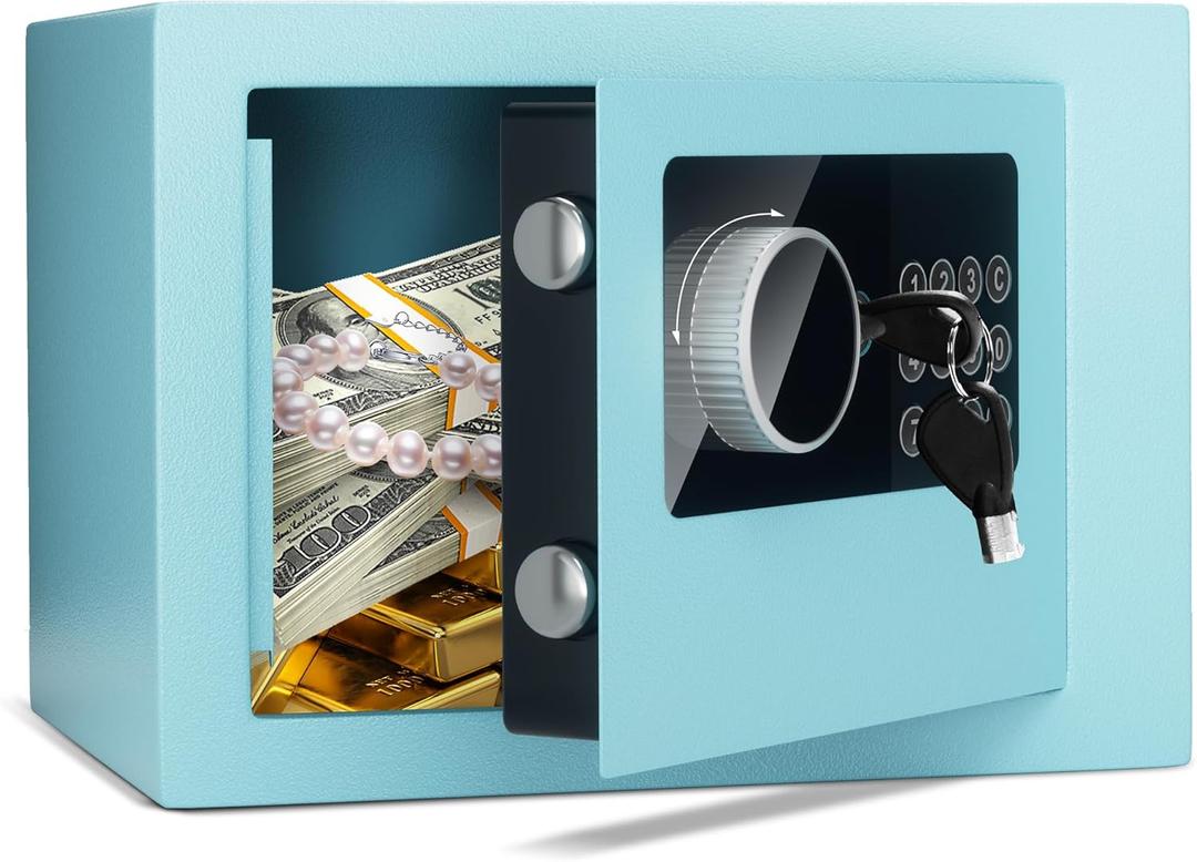 Digital Electronic Money Safe, Steel Security Lock Box with Keypad, Office Hotel Business Jewelry Gun Cash Safe, 0.23 Cubic Feet, 9.06" W x 6.69" D x 6.69" Blue