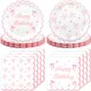 100PCS Pink Bow Party Plates and Napkins Pink Bow Birthday Tableware Set Coquette Birthday Party Supplies Serve 50 Guests for Women Birthdays Girl Bachelorette Coquette Tableware Supplies