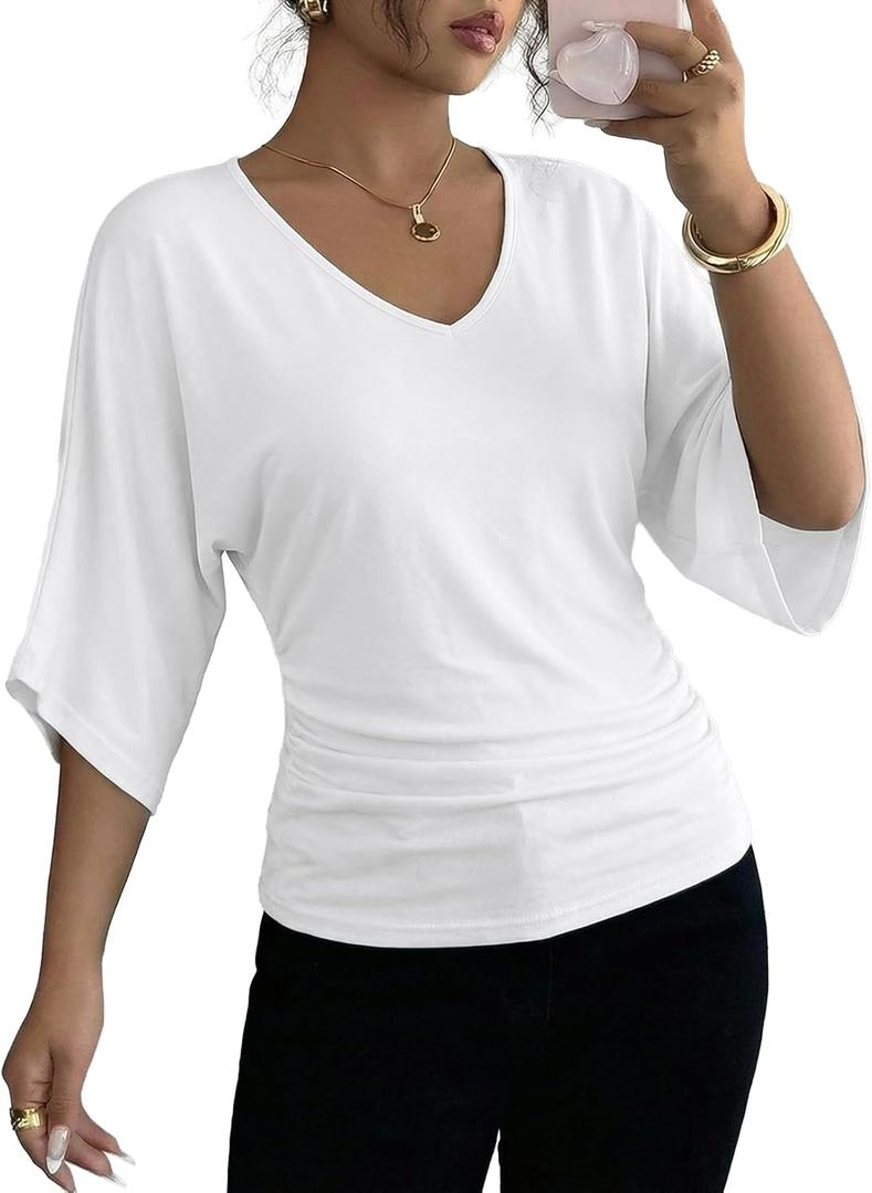 EVALESS Womens Tops Spring Summer Dressy Casual V Neck 3/4 Batwing Sleeve Ruched T-Shirt Business Work Outfits Blouses (White, L)