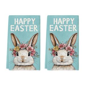 Artoid Mode Blue Rabbit Flower Wreath Happy Easter Spring Kitchen Towels Dish Towels, 18x26 Inch Farmhouse Summer Decoration Cleaning Set of 2