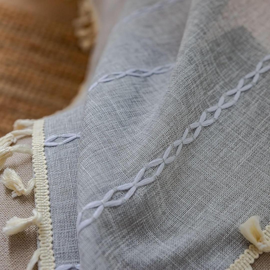 Short Curtains for Small Window 1 Panel,1 x 52W x 18H,Light Gray Bistro Curtains,Embroideried Stripes Pattern with Tassels Short Curtain with Rod Pocket