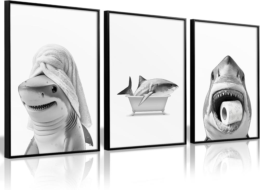 Bathroom Shark Wall Art Funny Animal Wall Decor Pictures Ocean Animal Canvas Wall Art Black White Shark Poster Bathtub Toilet Prints Funny Painting for Bathroom 12x16 Inch Unframed Set of 3