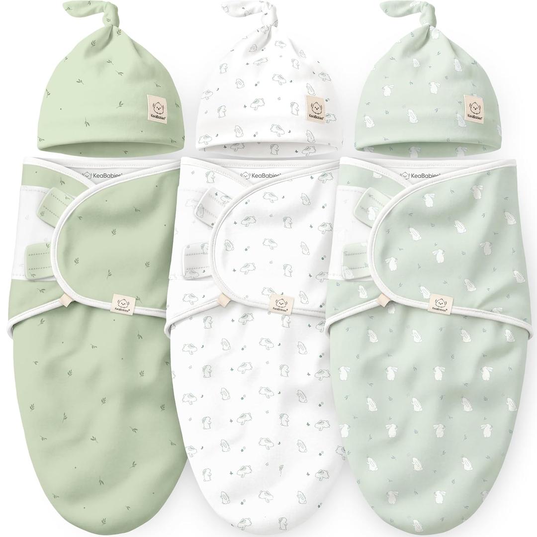 KeaBabies 3-Pack Swaddles for Newborns, Girls, Boys with Hats - Organic Soft Baby Sleep Sacks, Breathable Baby Swaddle 3-6 Months Beanies Set, Premie Infant Sleep Sack 0-3 Months (Bunnies) (One Size)