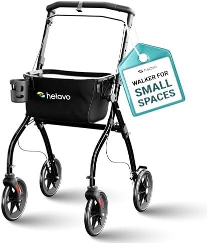 Helavo Lightweight Foldable Narrow Walker for Small Spaces – 23.6" Wide, Indoor Walker for Seniors with Tray, Adjustable Height, 8" Wheels, Easy Braking, Ideal for Tight Spaces