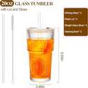 20oz Ribbed Glass Tumblers with Lids and Glass Straws - 4-Piece Set, Thickened for Iced Coffee, Smoothies, Cocktails and Juices - Elegant Durable for Home, Office, Travel (Clear)