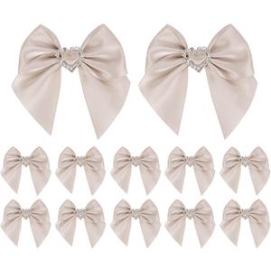 AIMUDI Vanilla Satin Ribbon Bows Sailor Bow with Rhinestone Center 3" Dark Pink Premade Ribbon Bow with Glitter Diamante for Sewing Crafts Gift Wrapping Applique Wedding Favor Decoration - 12 Counts (Champagne)