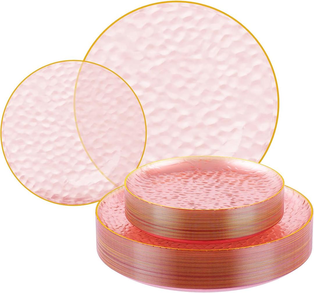 FOCUSLINE 60Pcs Clear Plastic Plates, Pink Disposable Plates with Gold Rim, 30 7" Salad Dessert Plate and 30 10" Dinner Plate Heavy-duty Hammered Plates for Party, Wedding