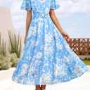 ZESICA Women's 2026 Summer Floral V Neck Midi Beach Dress Blue XL (XL)