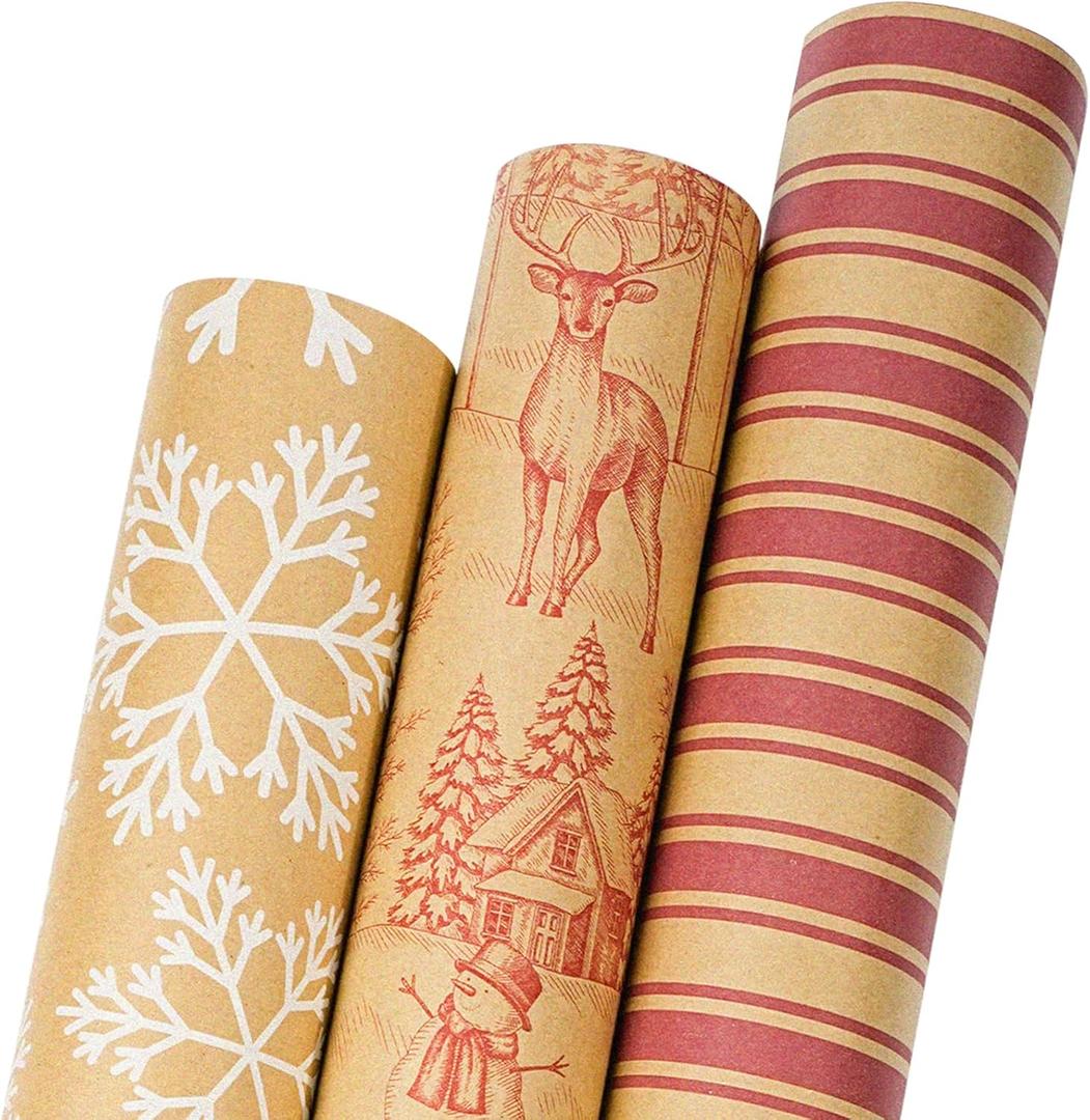 LaRibbons Kraft Christmas Wrapping Paper Rolls with Cutlines, Rustic Christmas Toile/Deer/Snowflakes/Stripe Design for Xmas, Holiday, New Year, 17 Inch  10 Feet-3Roll