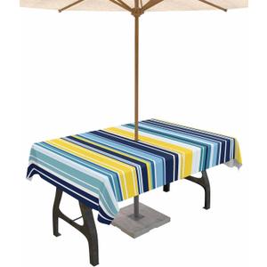 Blue Yellow Teal Stripes Rectangle Outdoor Tablecloth with Umbrella Hole and Zipper, Waterproof Colorful Ombre Table Cloth Cover, Geometric Boho Texture Table Protector for Patio Party Picnic 52"x70"