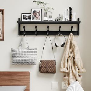 29'' Coat Rack Wall Mount with Shelf, Wood Wall Hooks with Storage, Entryway Shelf with 5 Coat Hangers for Bathroom, Living Room, Bedroom, Black