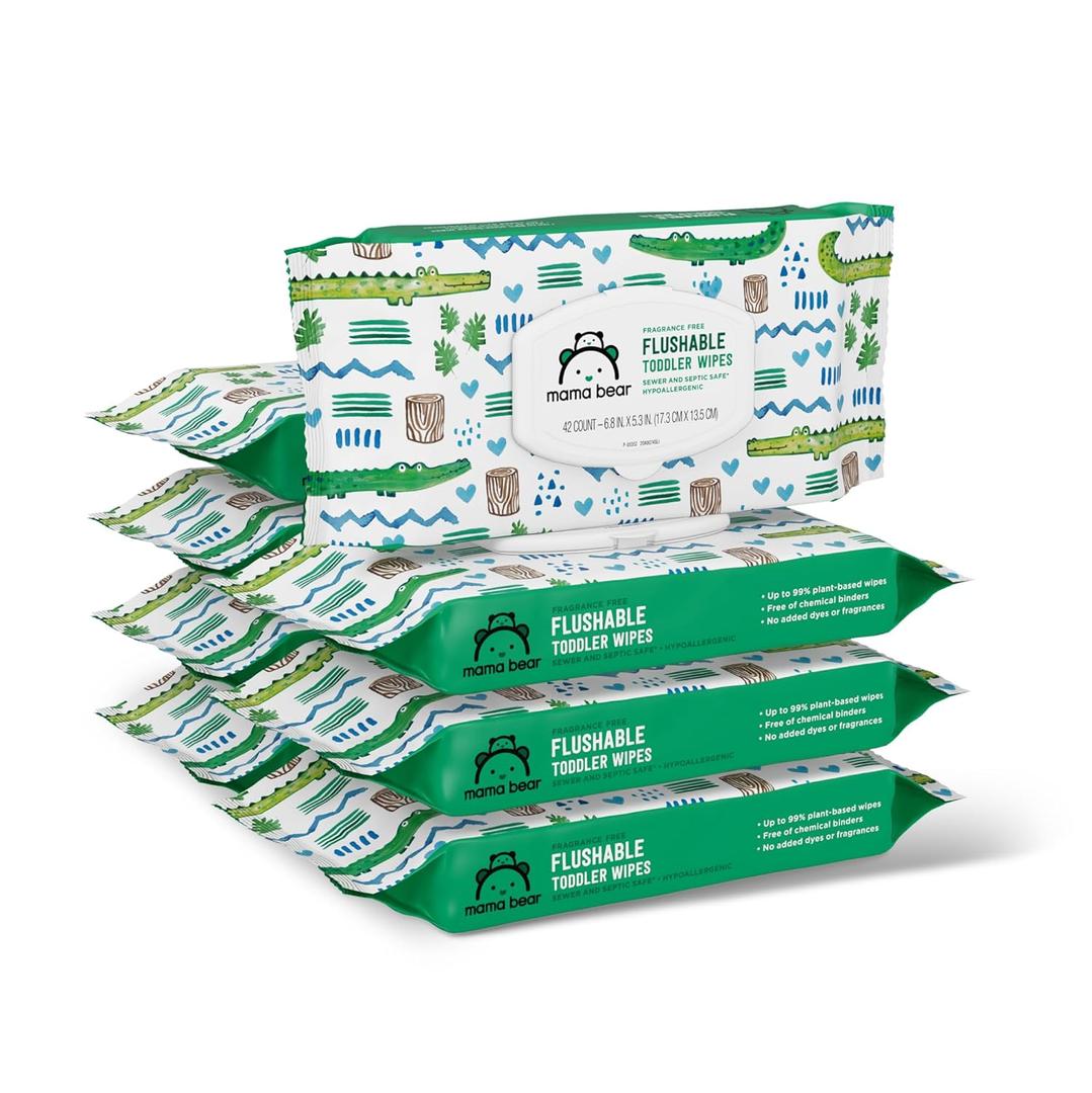 Amazon Brand - Mama Bear Flushable Toddler Toilet Wipes, Unscented, Formulated without Fragrance, Hypoallergenic, Plant-Based, Septic Safe, 336 Count, 8 Packs of 42